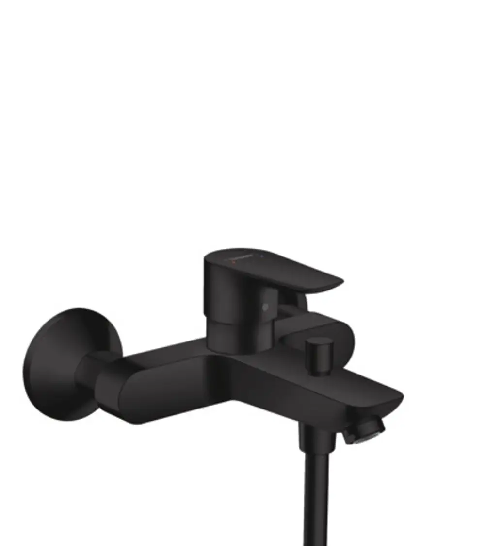 Wannenmischer von Hansgrohe in mattschwarz, mit zwei Bedienelementen für Temperatur- und Wasserstrahlregelung, wandmontiert, funktionales Design.